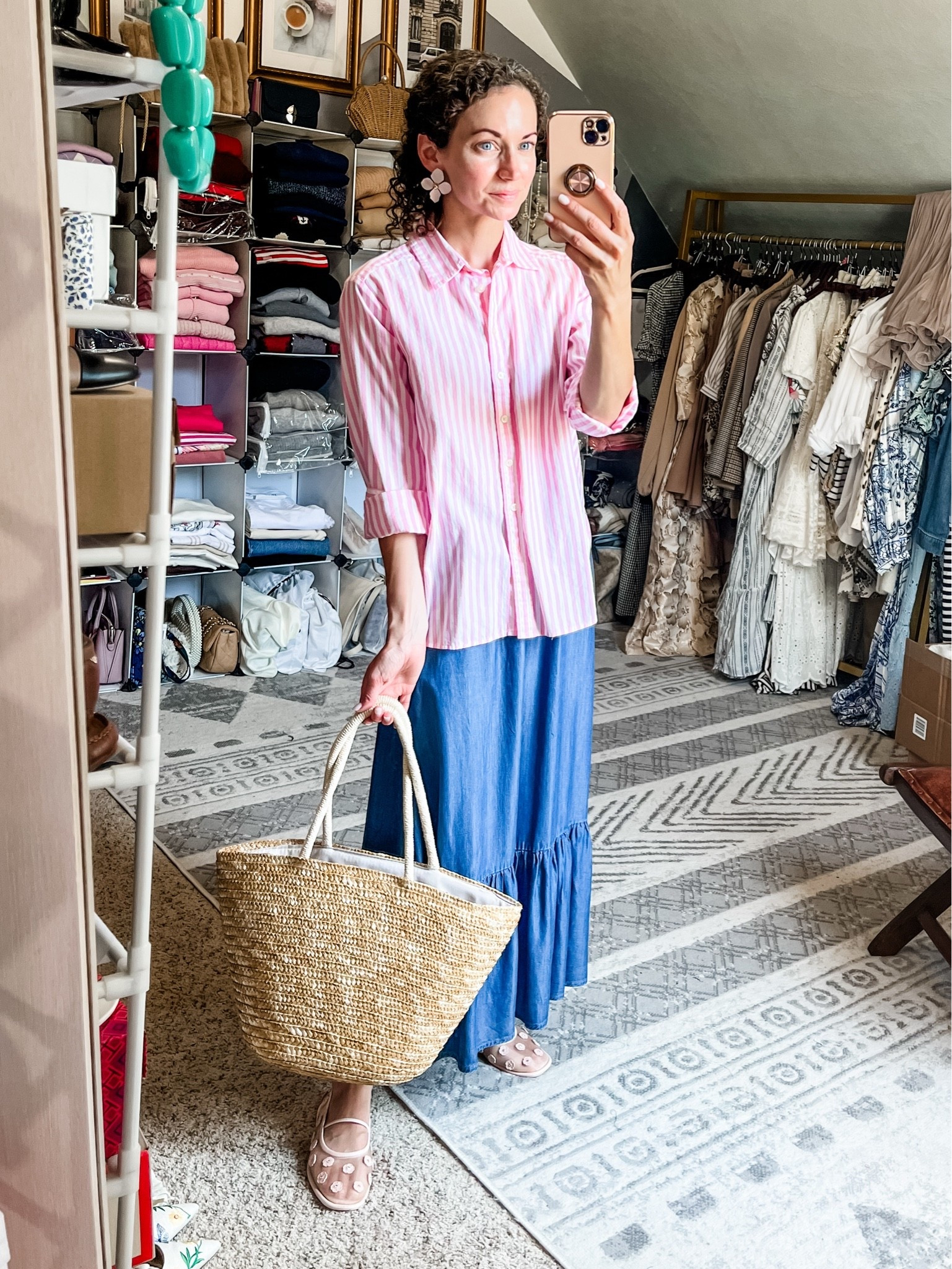 A pink and blue summer outfit!
Pink and white stripe top is old from Loft, linking similar. 
Denim midi skirt is from Amazon. 
Earrings are from a local boutique, linking similar. 
Rattan tote bag is from Chicwish. 
Pink mesh ballet flats are old from Coach, linking similar. 
Petite outfit. Classic outfit. Preppy outfit. Colorful outfit. Fall outfit.

#LTKdayinmylife #LTKootd #LTKgrwm