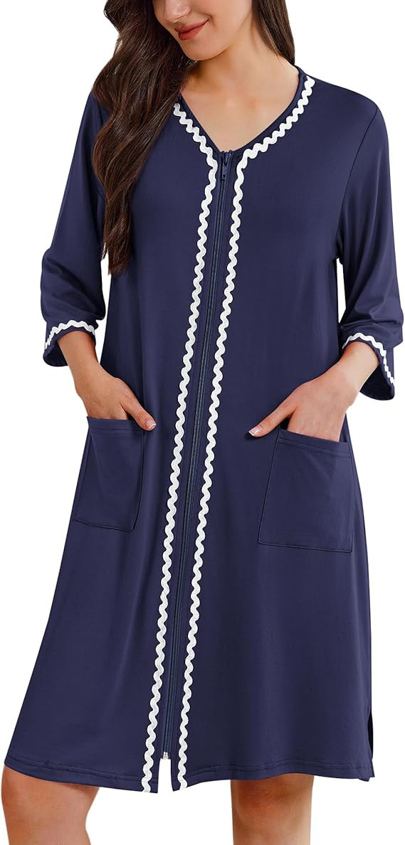 Ekouaer Zipper Robes for Women 3/4 Sleeves Lightweight House Coat Zip Up Bathrobe Soft Nightgown ... | Amazon (US)