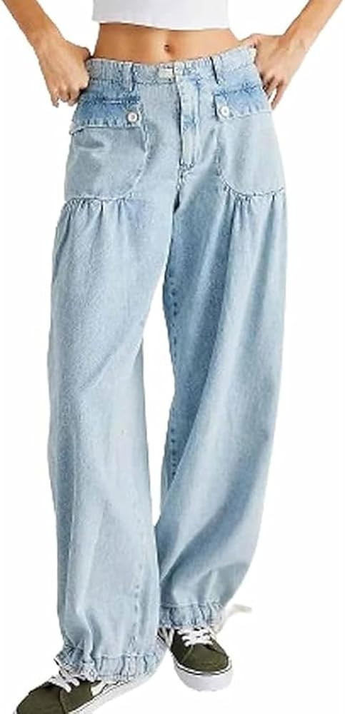 Women Lotus Tube Jeans Baggy Wide Leg Barrel Jeans Low Rise Tapered Jeans Ruffle Freelady Lotus J... | Amazon (US)