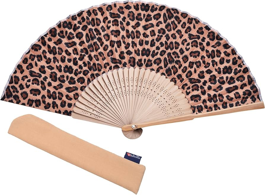 Hand Fan Bamboo Leopard Printed Folding Fan Cotton For Party Wedding Gift with Fan Cover | Amazon (US)