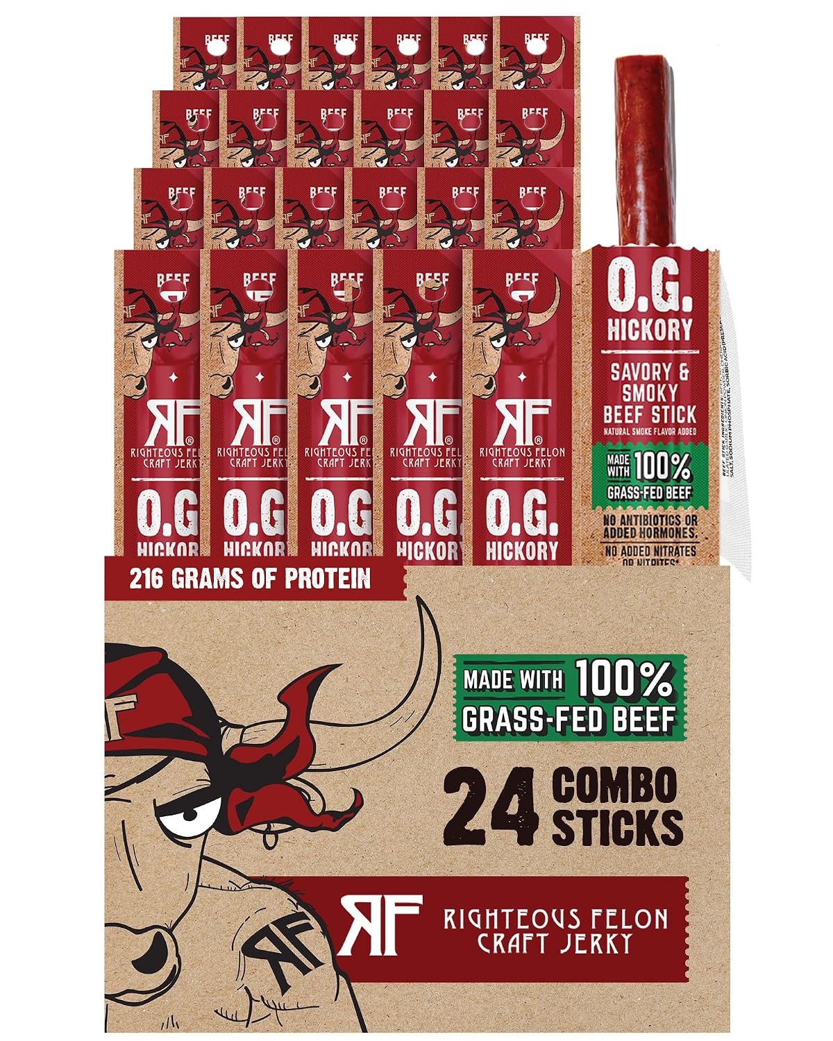 Righteous Felon O.G. Hickory Meat Sticks, 100% Grass Fed Beef, 24 Count | Amazon (US)