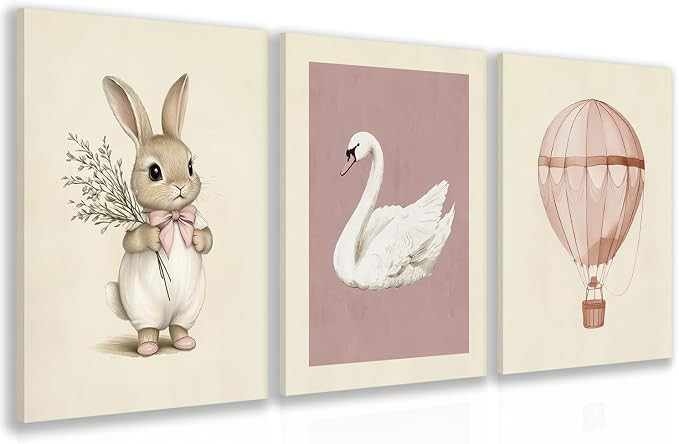 Pink Baby Girl Nursery Wall Decor Cute Bunny Wall Art Cozy Rabbit Canvas Artwork Elegant Swan Pos... | Amazon (US)