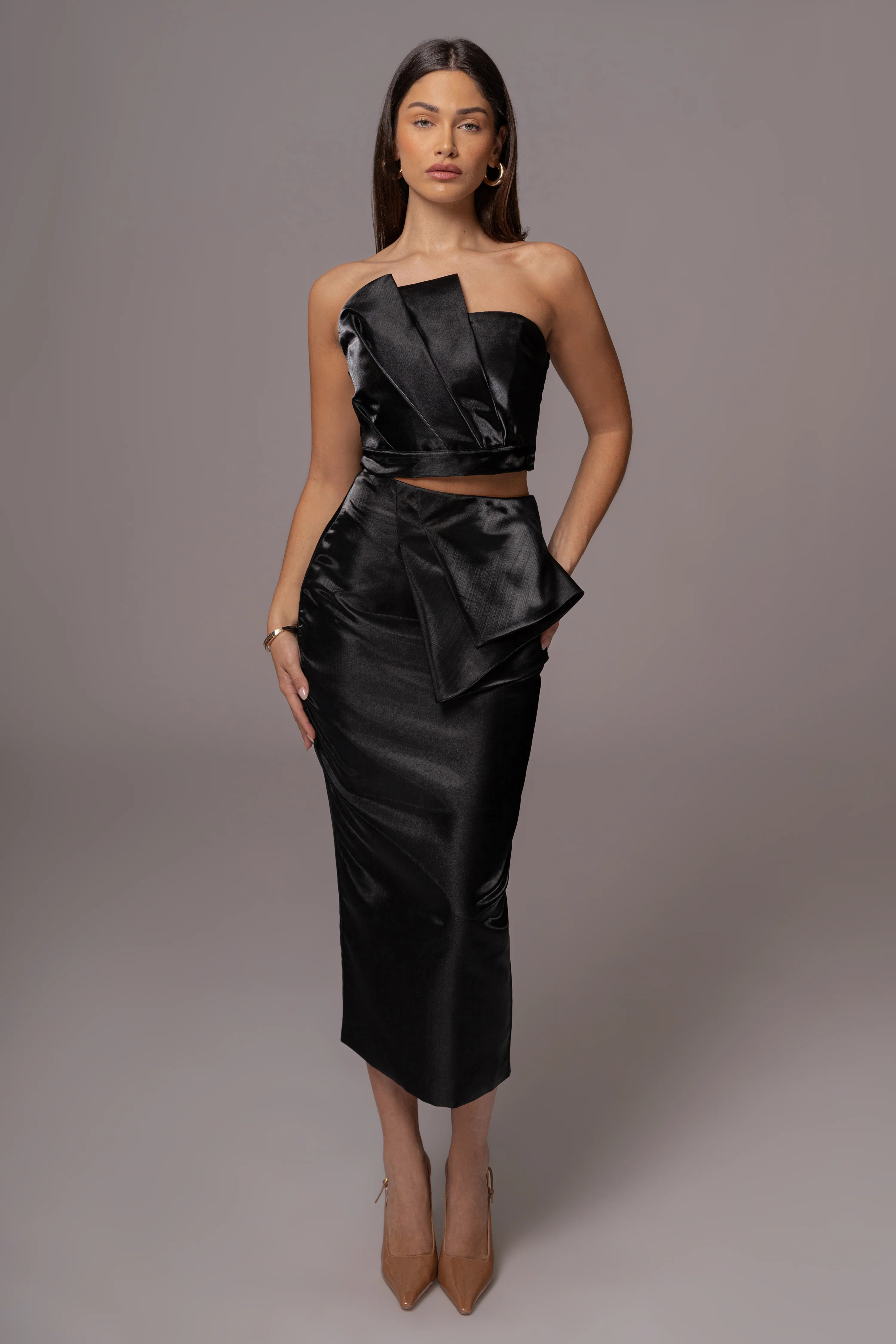 Black Reception Pleated Midi Skirt | JLUXLABEL
