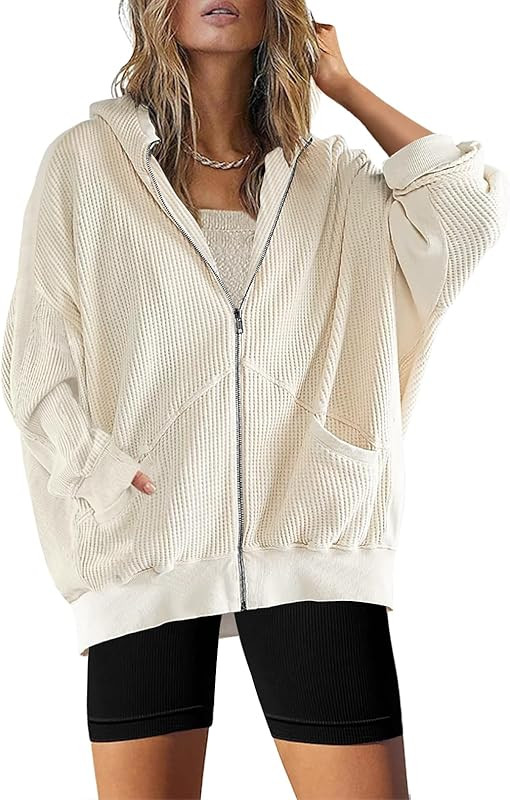 SAUKOLE Womens Fashion Zip Up Hoodies Oversized Waffle Knit Jacket Shirts Long Sleeve Solid Shack... | Amazon (US)