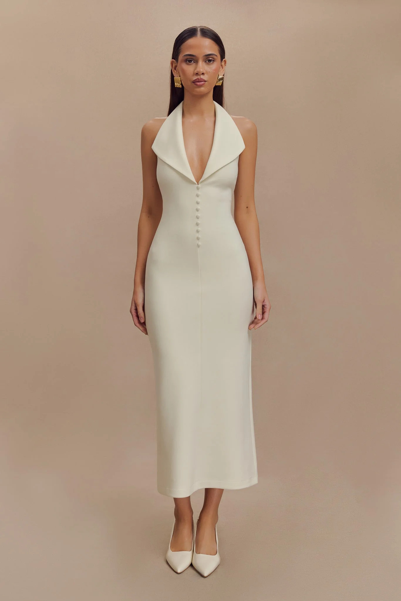 Annita Crepe Halter Midi Dress - Ivory | MESHKI US