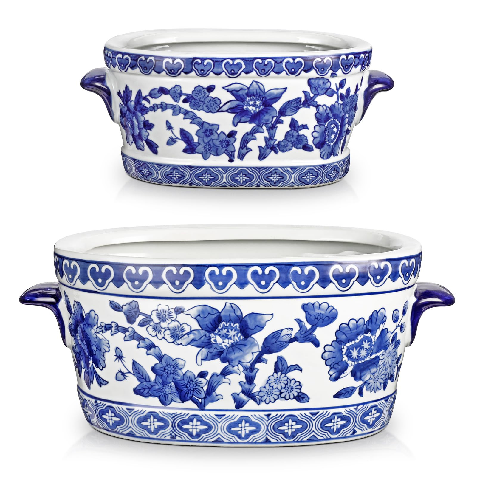 Blue and White Ceramic Planter Pot – Vintage Floral Oval Cachepot Vase for Indoor Plants, Flowe... | Amazon (US)