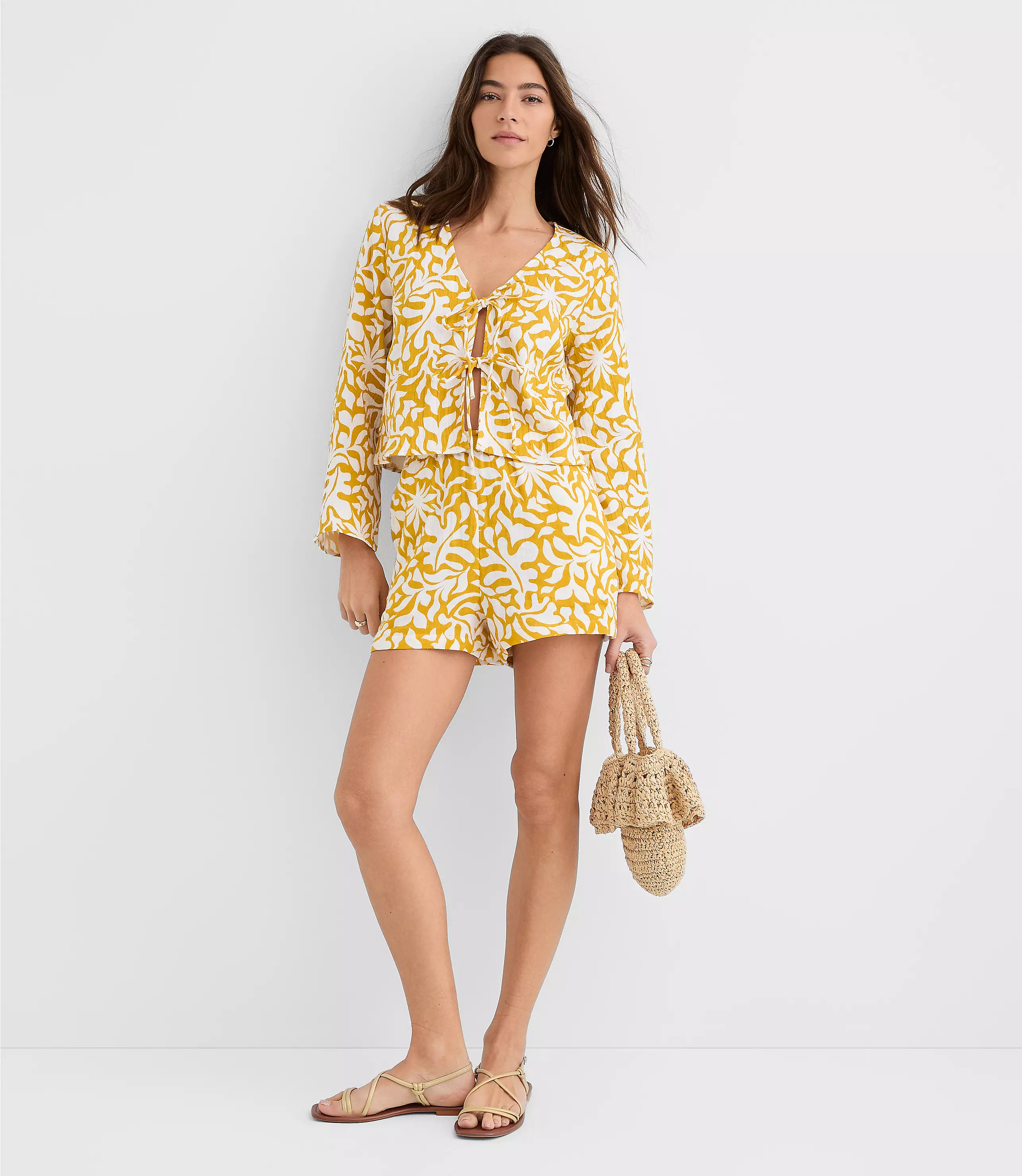 LOFT Beach Palm Ruffle Gauze Shorts | LOFT