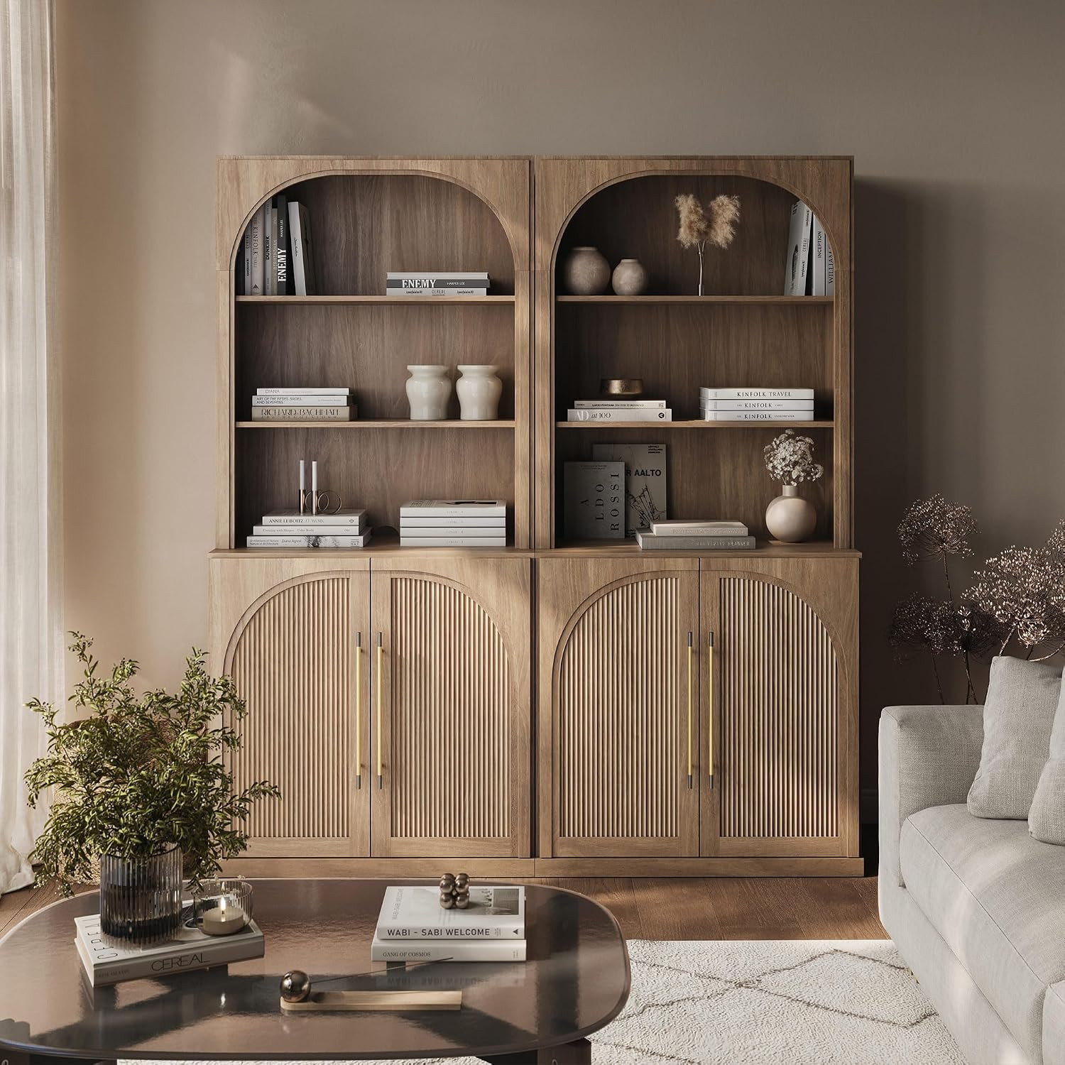 BELLEZE Storage Cabinet with Hutch Set of 2, 72" Tall Modern Wood Sideboard with 3-Tier Shelves, Curved Styling Door Cabinet Curio Cabinet for Office, Study, Kitchen, Living Room, Camel | Amazon (US)