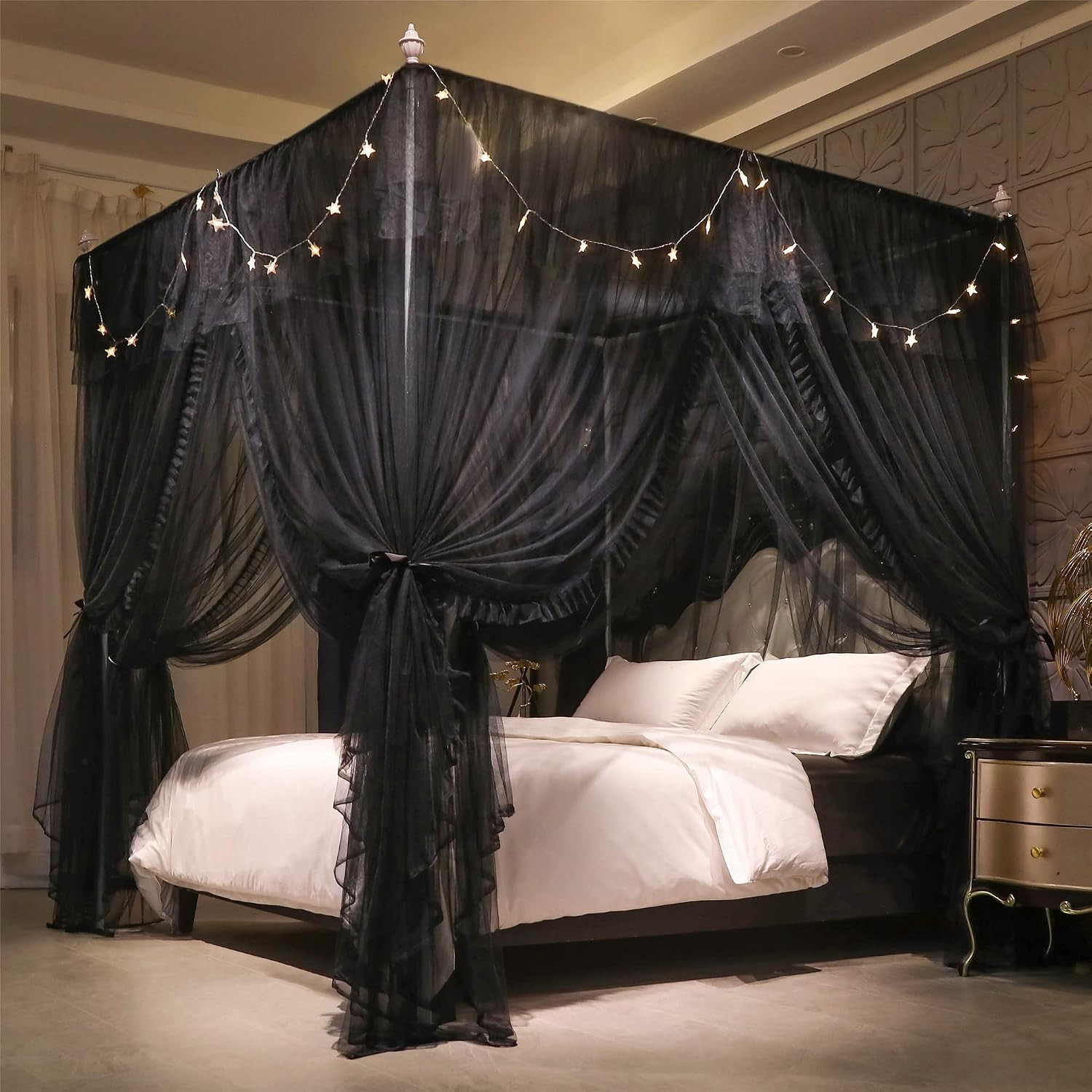 4 Corners Post Ruffle Princess Bed Canopy Curtain-Double Layer Cozy Drape Netting 4 Opening Mosquito Net for Girls Adults Bedroom Decoration (Double-Black, 53" W*78" L*82"*H/(Full)) | Amazon (US)