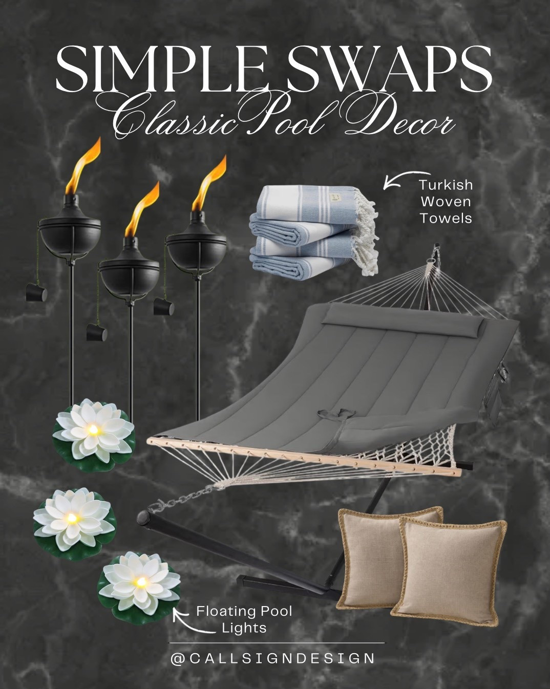 Elegant and whimsical pool decor that feels straight out of a dream. A cushioned hammock, glowing lotus pool lights, and flickering fire lanterns create a space that’s serene, magical, and made for slow summer evenings. ✨🌿 

#PoolDecor #WhimsicalHome #OutdoorLiving #ResortVibes #TimelessStyle #GardenInspo #HomeDecor #DesignDetails #callsigndesign