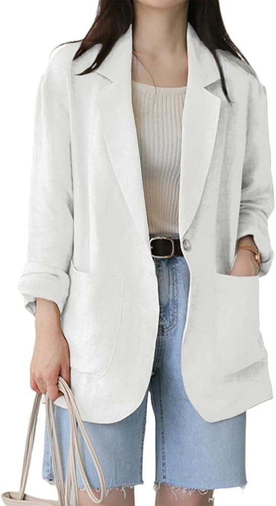 IDEALSANXUN Womens Linen Blazer Casual Long Sleeve Lightweight Spring Summer Jackets | Amazon (US)
