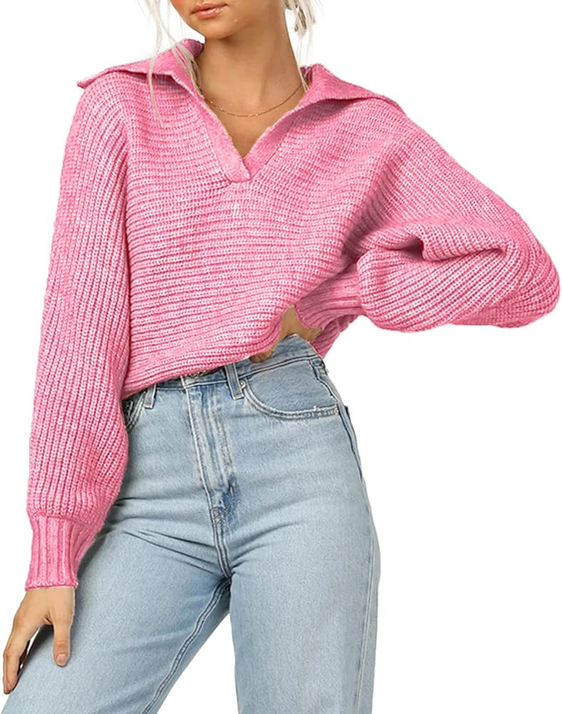 Amkoyam Fall Winter Women's Long Sleeve V Neck Knit Sweater Casual Loose Solid Color Collared Sweate | Amazon (US)