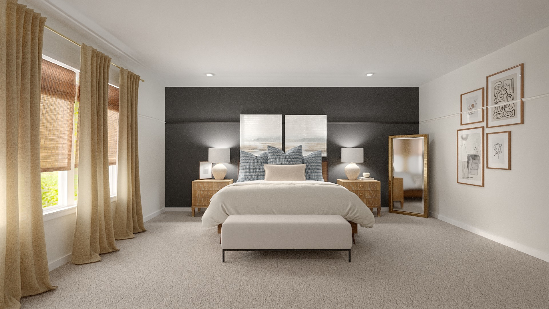 Cozy bedroom including wood nightstands, linen duvet cover, linen curtains, bamboo shades, and wall accessories PB, Wayfair, Crate and Barrel, and more! 

 #bedroom #homedecor #arearug #curtains #linen #bedroombench #LTKHome #LTKSaleAlert #LTKStyleTip