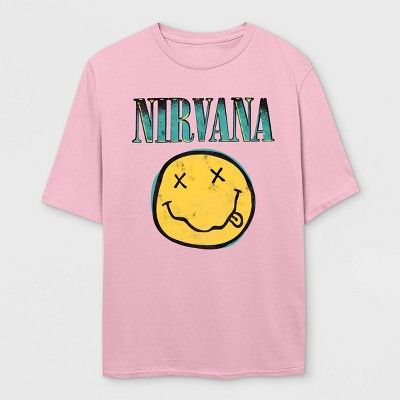 Women's Nirvana Smiley Face Logo Short Sleeve Oversized Graphic T-Shirt - Pink | Target