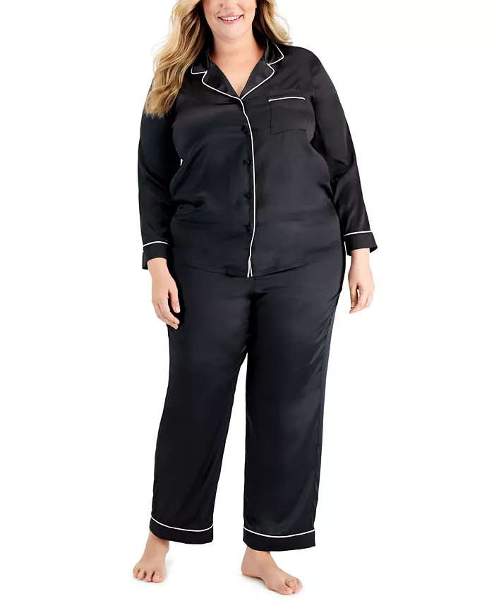 I.N.C. International Concepts Plus Size Satin Notch-Collar Pajama Set, Created for Macy's - Macy'... | Macy's
