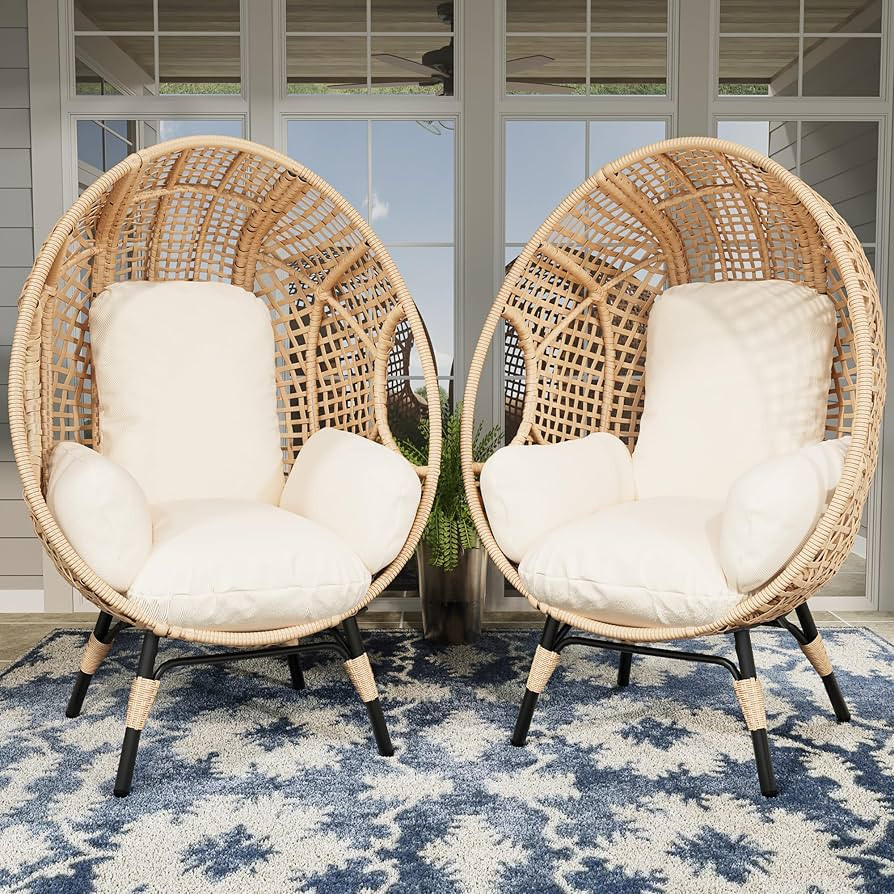 2 pcs Oversized Wicker Egg Chair Outdoor Indoor - Rattan Patio Egg Lounge Chairs with Cushion 500... | Amazon (US)