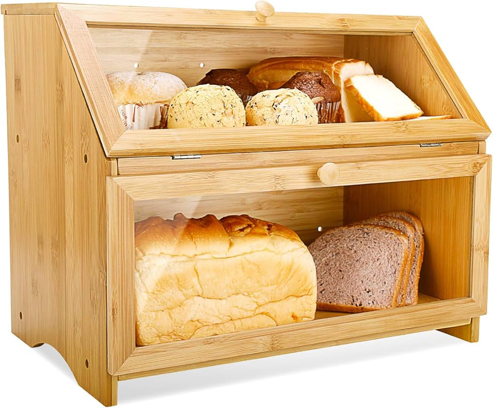 HOMEKOKO Double Layer Large Bread Box for Kitchen Counter, Wooden Large Capacity Bread Storage Bi... | Amazon (US)