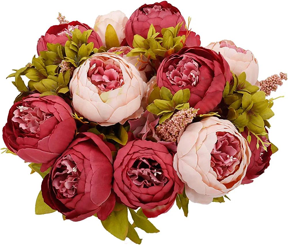 Peony Artificial Flowers Vintage Fake Peony Bouquet 2Pcs Faux Peonies Pink Flowers Artificial for... | Amazon (US)