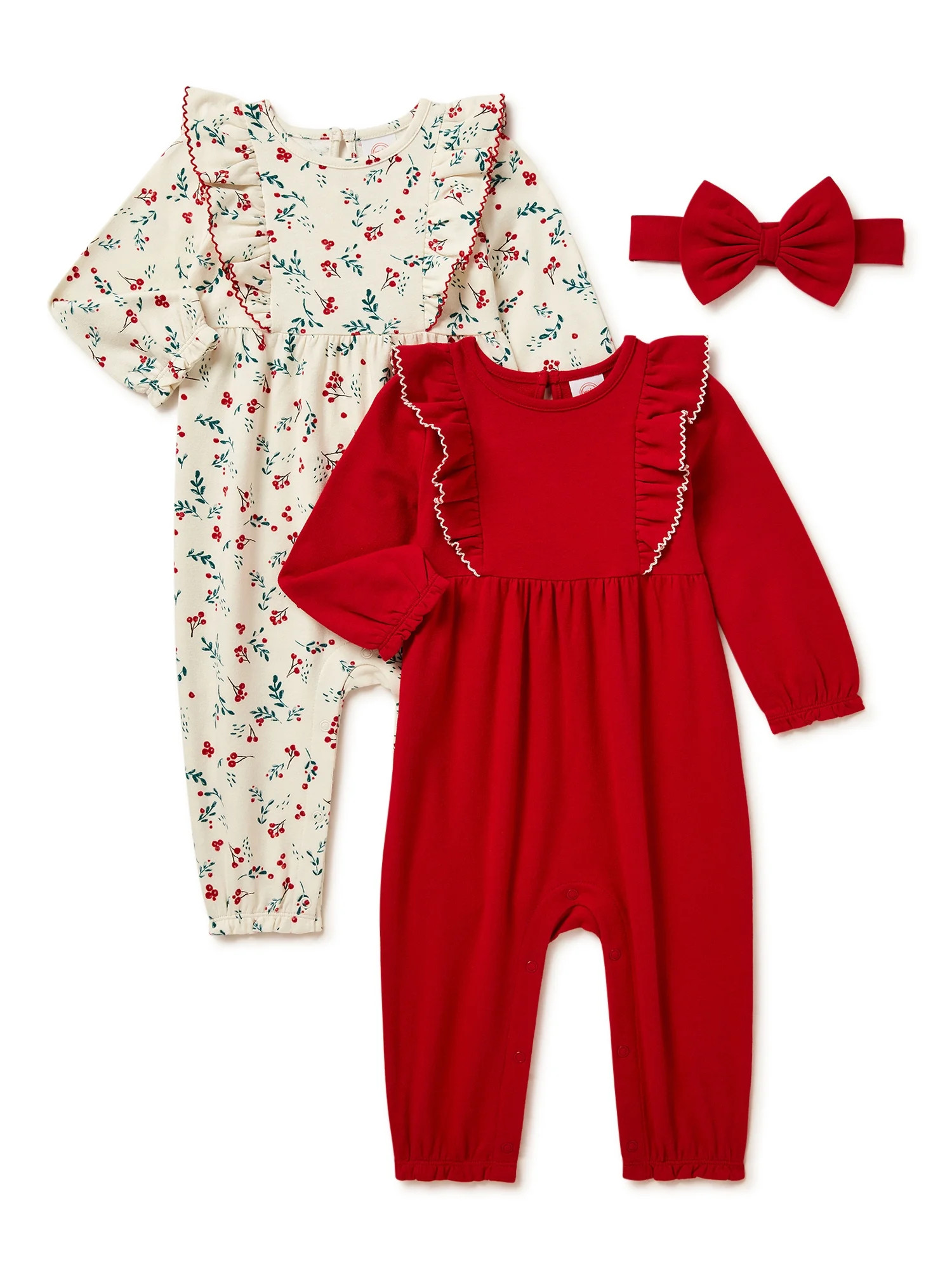 Wonder Nation Baby Girl Rompers with Long Sleeves and Headband, 2-Pack, Sizes 0/3-24 Months | Walmart (US)