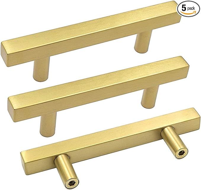 goldenwarm 5 Pack Gold Drawer Pulls Brushed Brass Kitchen Handles 3-3/4In Hole Centers - LS1212GD... | Amazon (US)