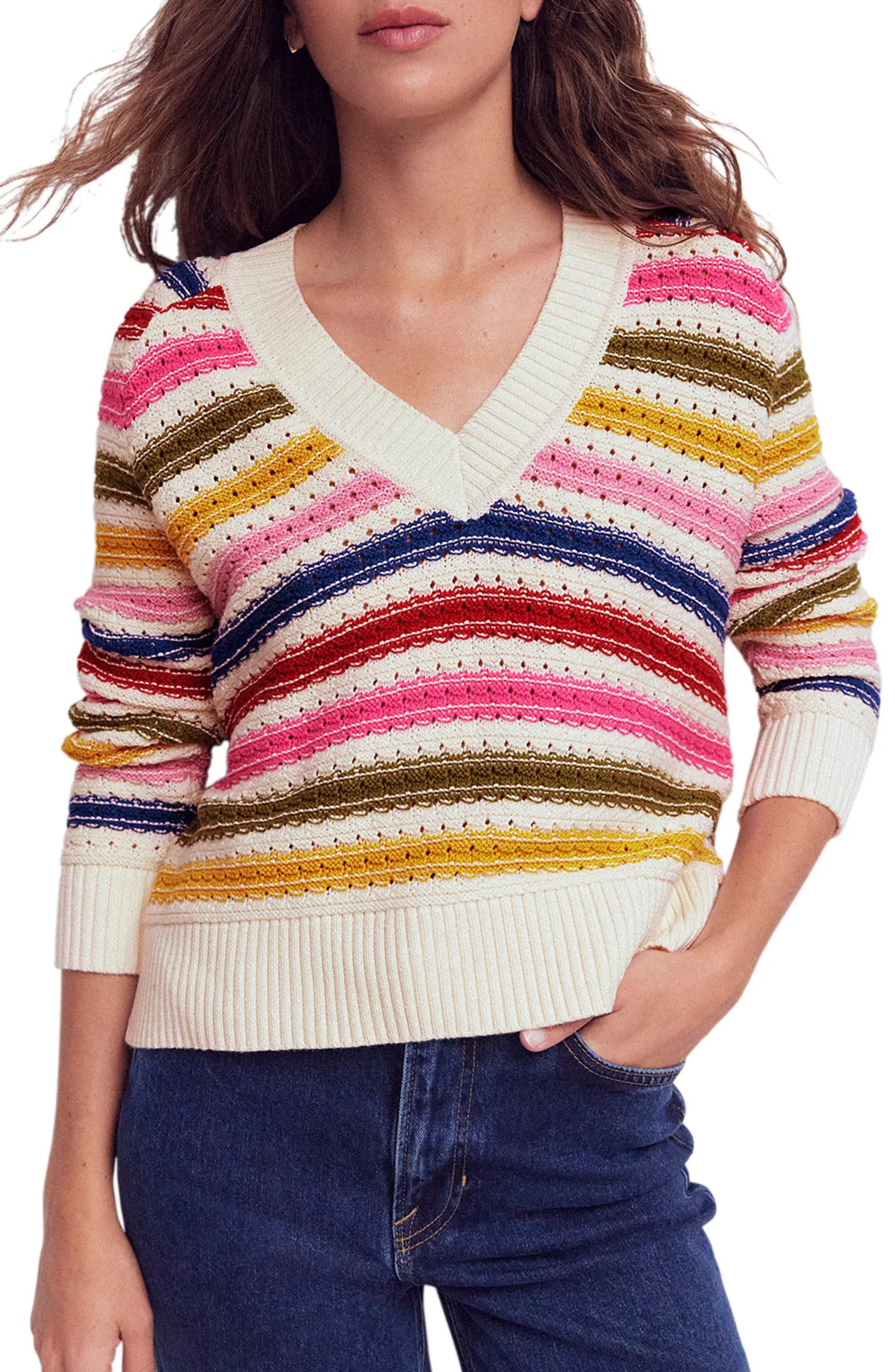 Boden Maeve Stripe Pointelle Detail Cotton Sweater | Nordstrom | Nordstrom