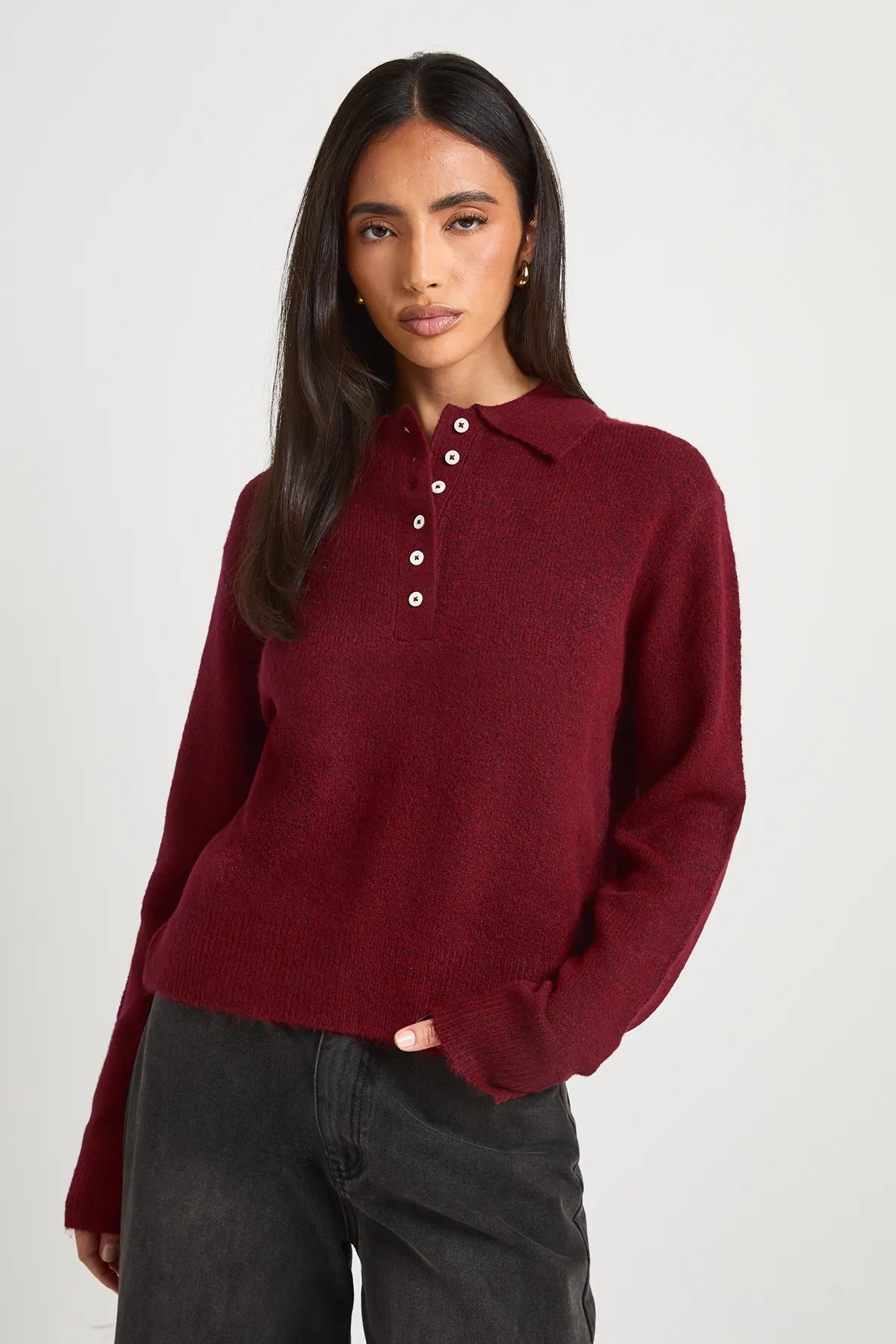 boohoo Women's Button Collared Knitted Jumper in Burgundy | Size: Small | Boohoo.com (UK & IE)