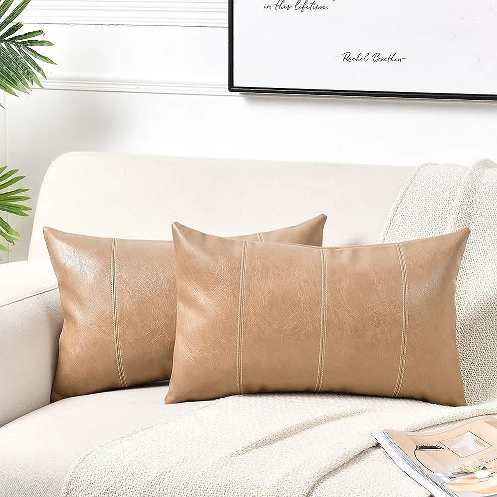 Fancy Homi 2 Packs Tan Lumbar Waterproof Faux Leather Decorative Throw Pillow Covers 12x20 Inch f... | Amazon (US)