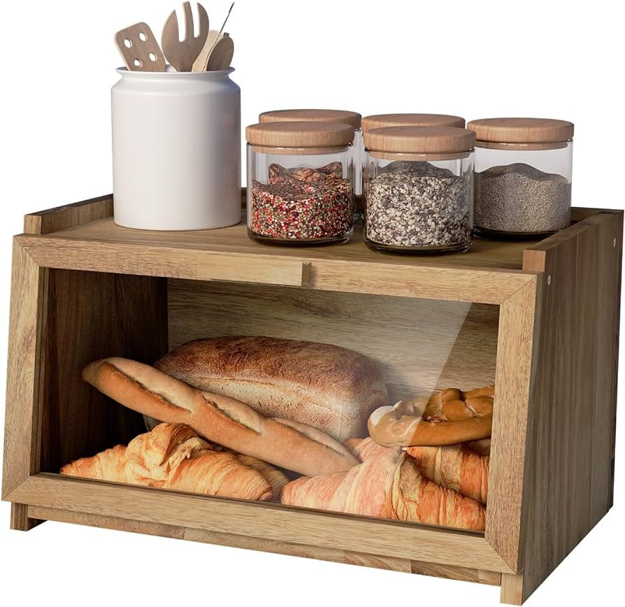 Acacia Wood Bread Box for Kitchen Countertop, Large Wooden Bread Storage Container, with Clear Window Back Air Vent and Anti-falling Design, Bread Boxes for Keeping Food Fresh in Home and Kitchen | Amazon (US)