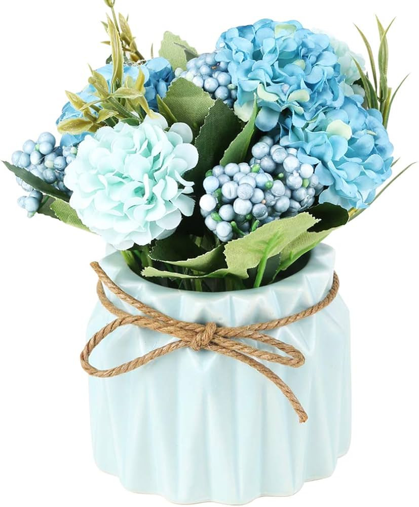 Artificial Hydrangea Bouquet with Small Ceramic Vase Fake Silk Variety Flower Balls Flowers Decor... | Amazon (US)