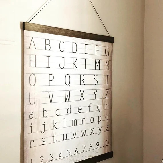 Alphabet and numbers Chart, Vintage style Canvas banner with handcrafted wooden hanger | Etsy (US)