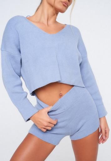 Missguided - Blue Co Ord Tie Back Cropped Sweater | Missguided (US & CA)