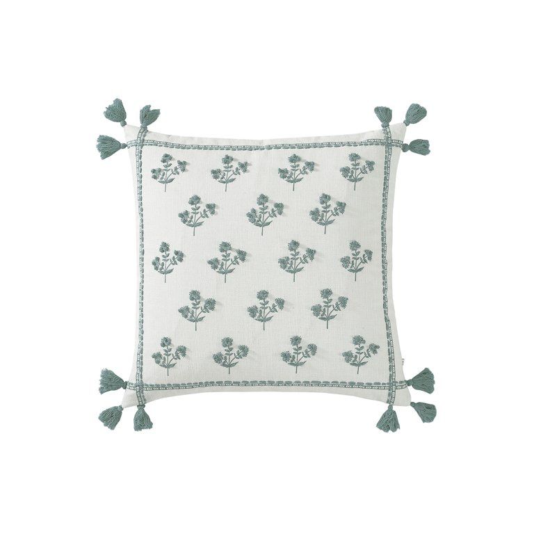 Better Homes & Gardens, Green Block Print Floral Throw Pillow, Green, 20" x 20", Square, 1 Piece | Walmart (US)