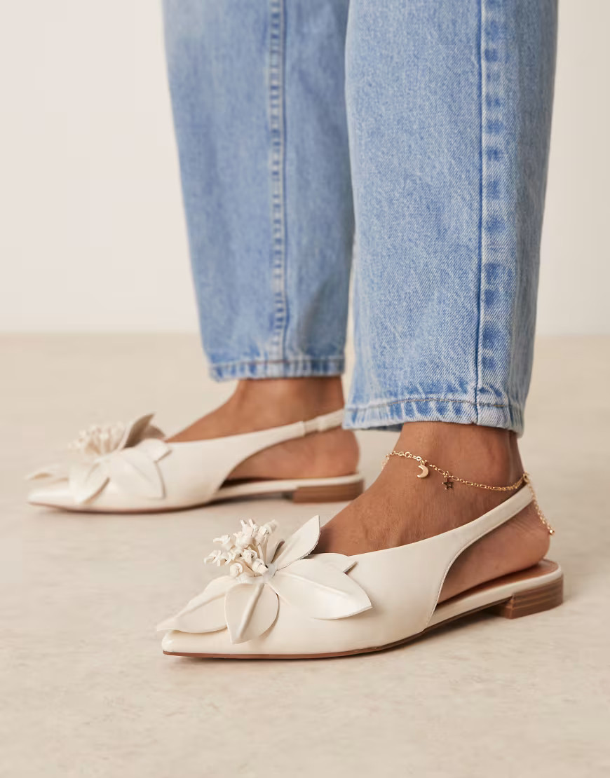 ASOS DESIGN Livia point-toe flower slingback ballets in off-white | ASOS (Global)
