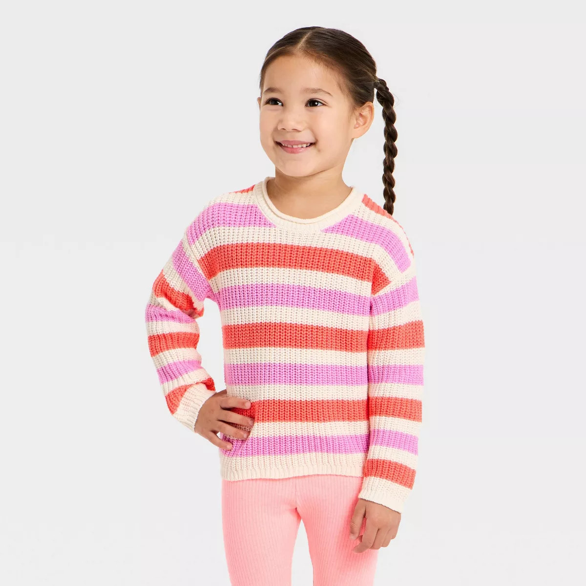 Toddler Girls' Striped Crewneck Pullover Sweater - Cat & Jack™ Coral Pink 2T | Target