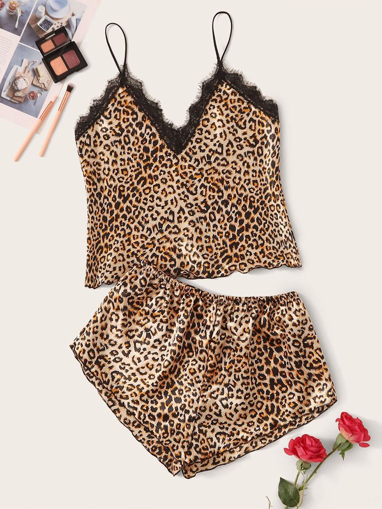 Leopard Print Lace Trim Satin Cami PJ Set | SHEIN