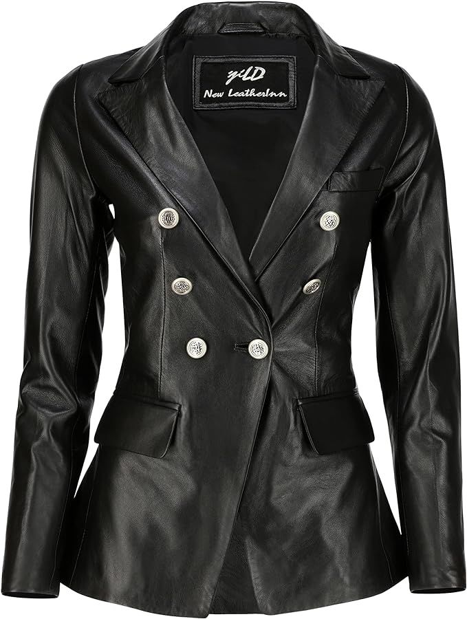 Jild Classic 2-Button Lambskin Leather Blazer Women - Casual Coat Long Sleeves Suit Style Leather... | Amazon (US)