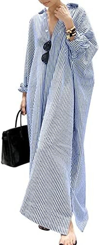 chouyatou Women's Casual Long Sleeve Button Down Loose Striped Cotton Maxi Shirt Dress | Amazon (US)