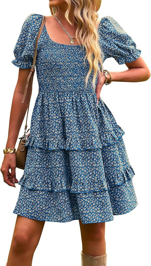 KIRUNDO Women's 2024 Summer Square Neck Smocked Floral Dress Boho Off Shoulder Ruffle Tiered Flow... | Amazon (US)