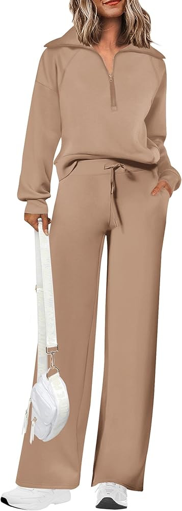 PRETTYGARDEN Women's 2 Piece Outfits Casual Lapel Half Zip Sweatshirts and Wide Leg Pants Tracksu... | Amazon (US)