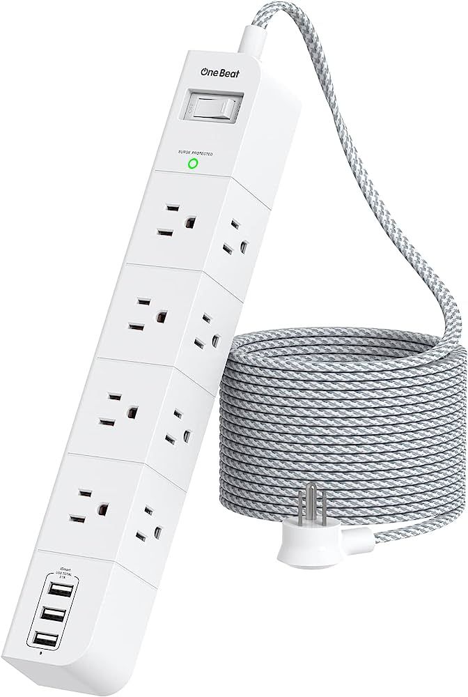 10 ft Extension Cord, Power Strip Surge Protector - 8 Widely AC Outlets 3 USB, Flat Plug, Desktop... | Amazon (US)