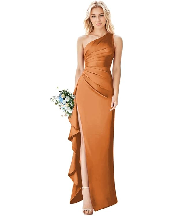 One Shoulder Bridesmaid Dresses with Slit Satin Prom Dress Ruffle Pleated Formal Mermaid Prom Par... | Amazon (US)