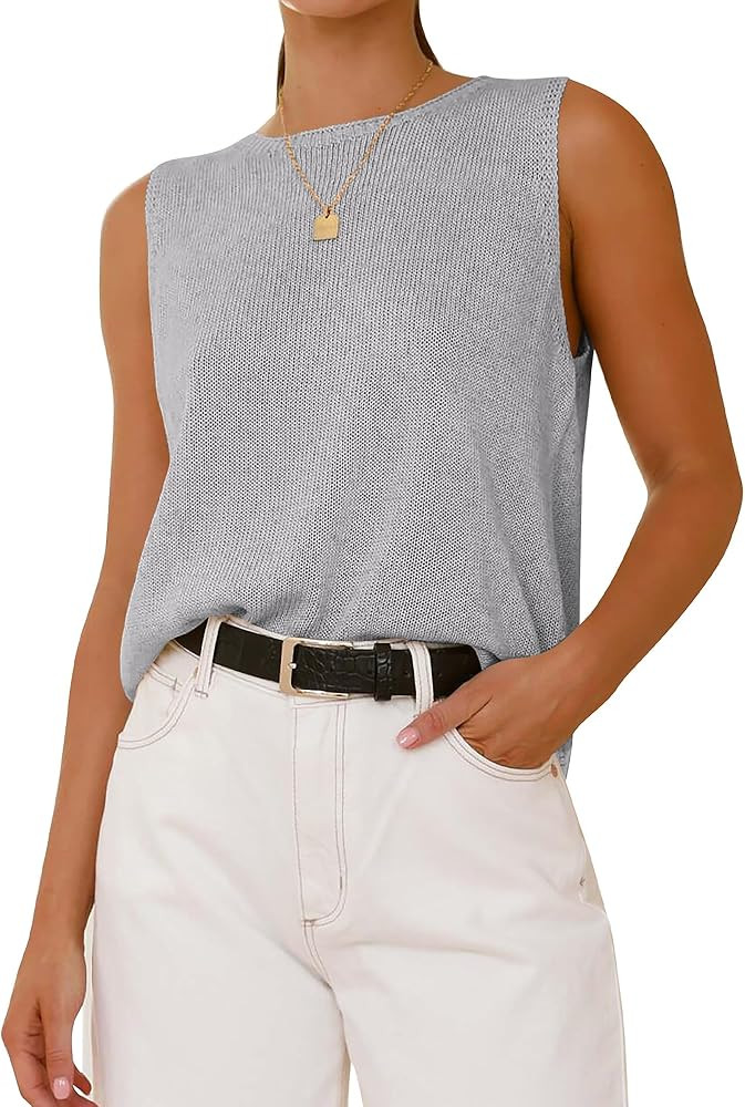 BTFBM Sleeveless Sweater Tops for Women 2026 Crew Neck Lightweight Casual Loose Tank Summer Outfi... | Amazon (US)