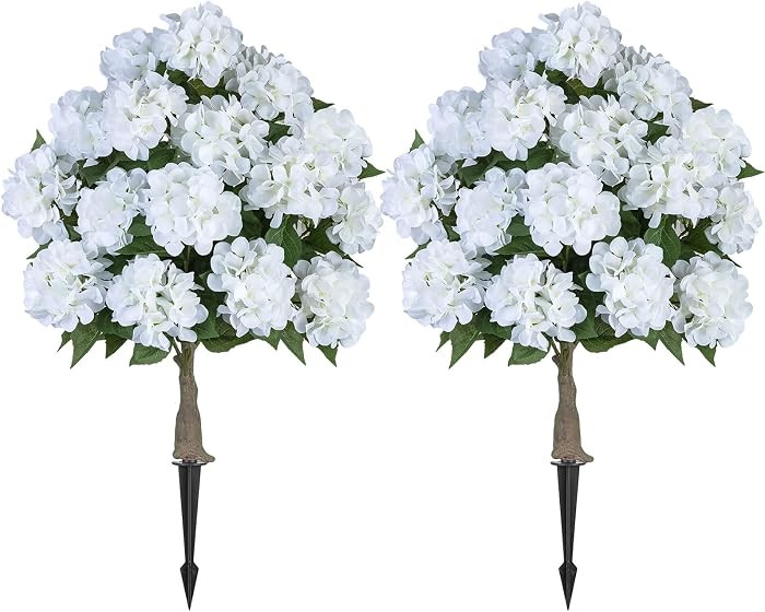 BLOSMON Fake Hydrangea Trees for Outdoors - 2 Packs 33" White Artificial Flower Topiary Ball Tree... | Amazon (US)