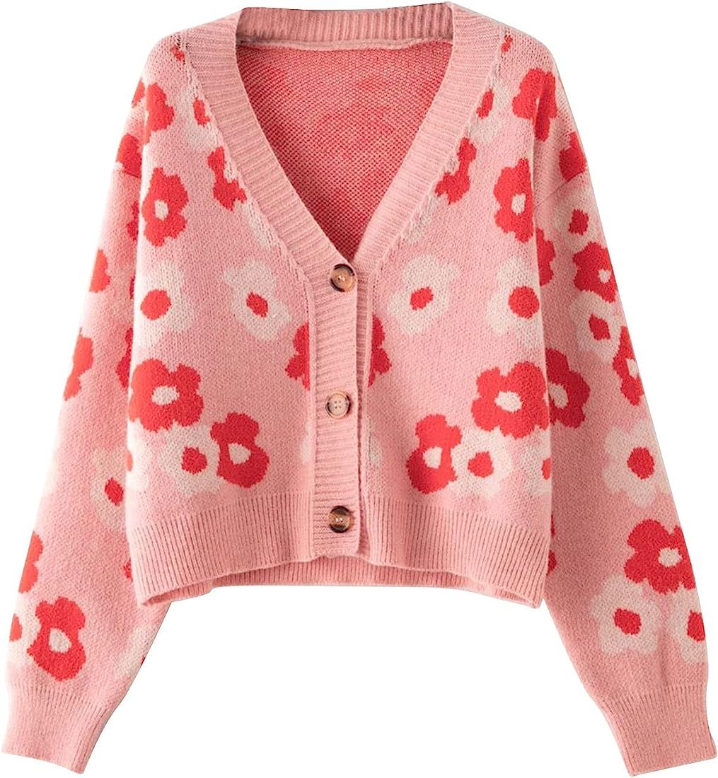 Womens Cardigan Sweater Floral Long Sleeve V-Neck Button Down Knitted Cardigans | Amazon (US)