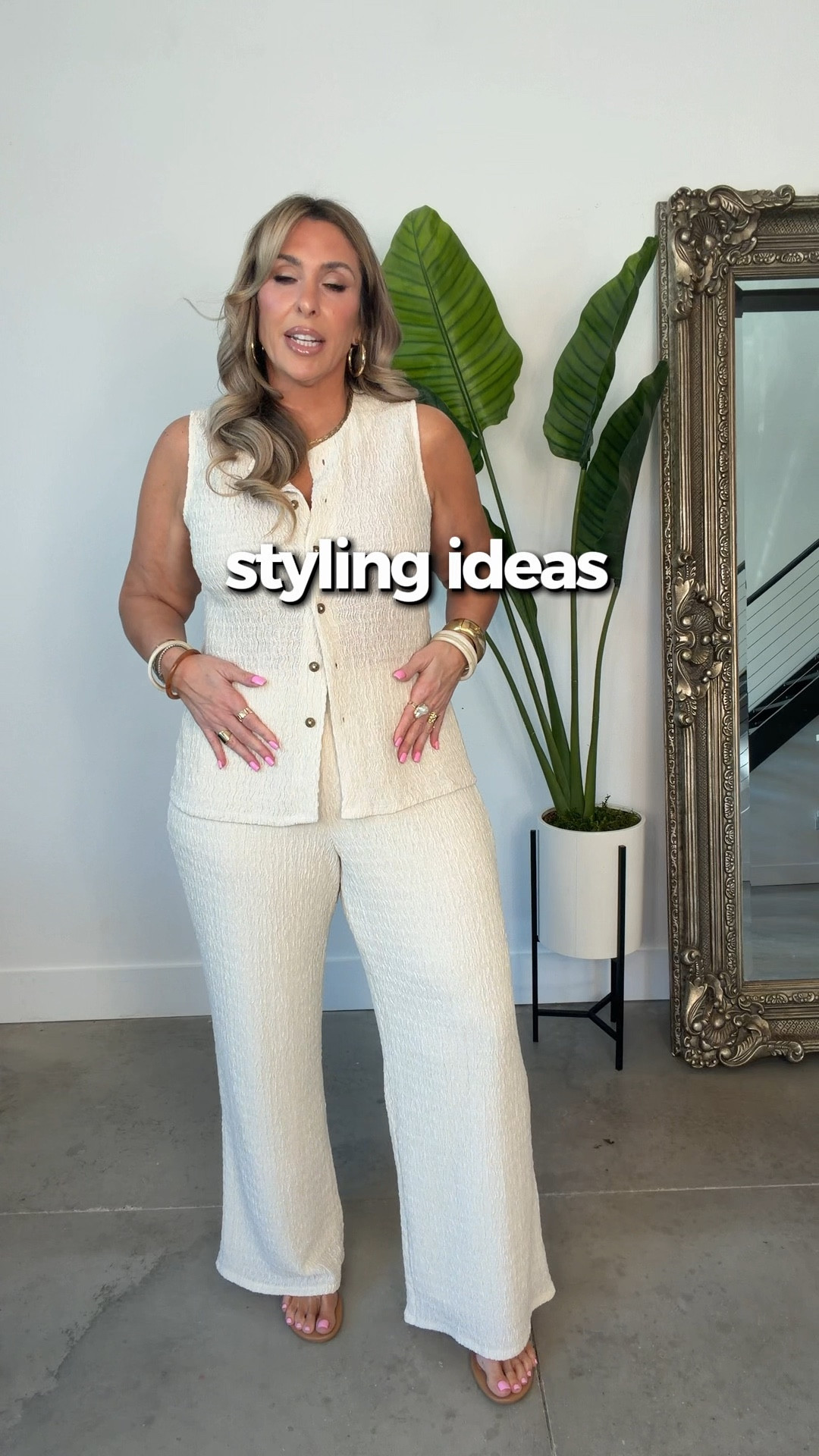 @Express 
#dresstoexpress
#expresspartner 

cream set: textured double lined pants size L reg length. Super stretchy and not see through. They run long; I have on the reg length and still have room for a heel. 
cream top size L (stretchy & not double lined)
green button down XL
white tube top L
 

#LTKOver40 #LTKTall #LTKMidsize #LTKootd