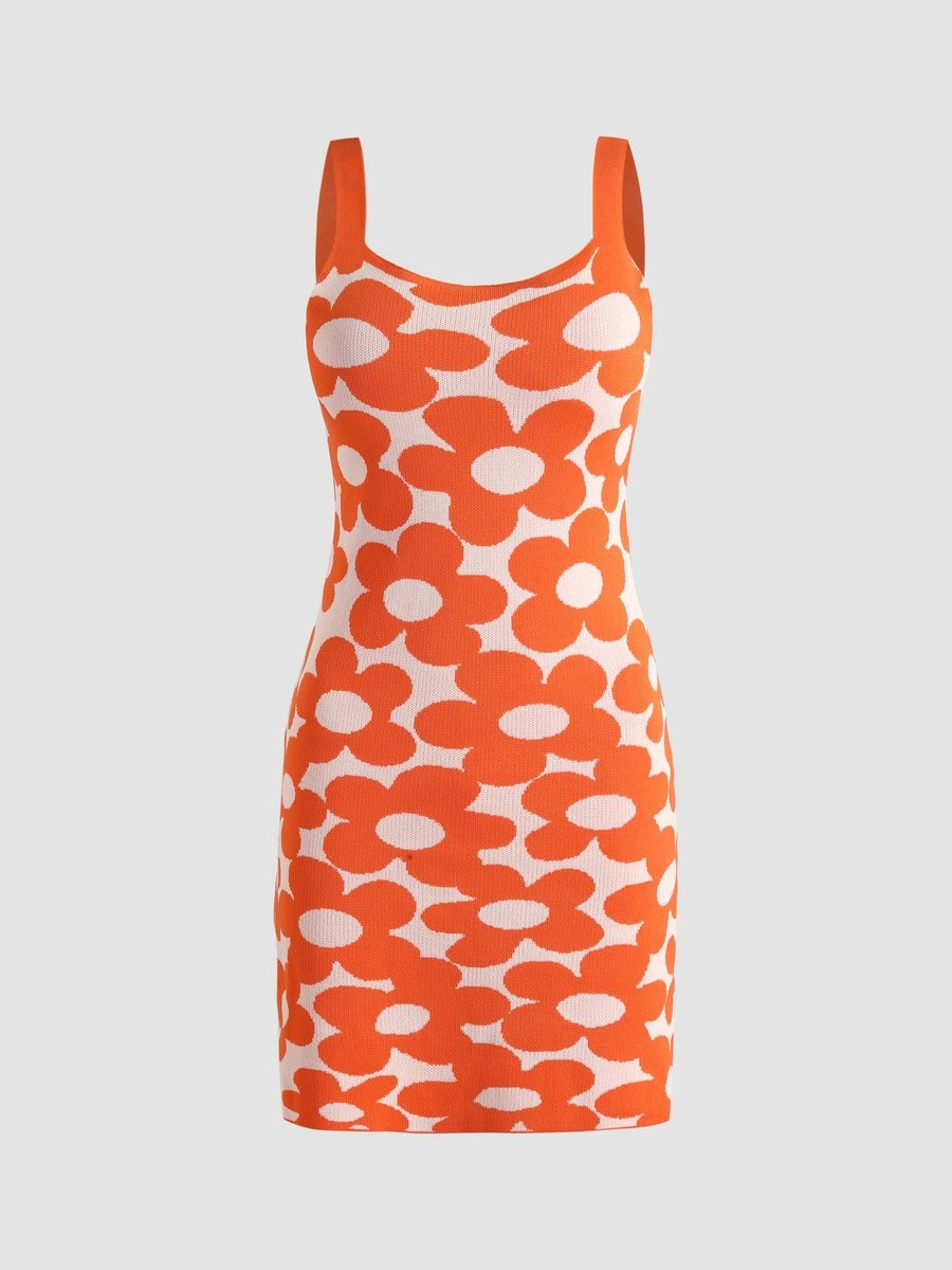 Orange Floral Print Bodycon Dress | Cider