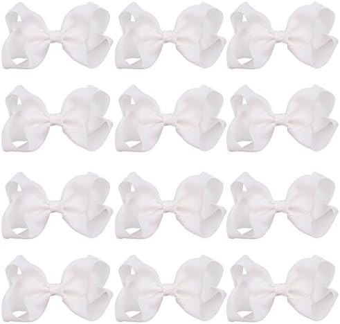 4 Inch Boutique Girls Hair Bows Hair Clips for Baby Girls Toddlers 12 Pcs Solid Color (White) | Amazon (US)