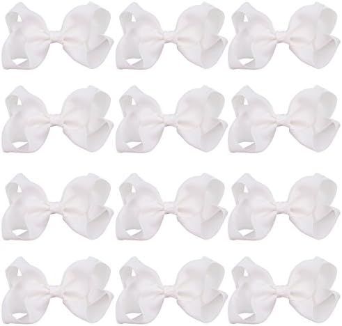 4 Inch Boutique Girls Hair Bows Hair Clips for Baby Girls Toddlers 12 Pcs Solid Color (White) | Amazon (US)