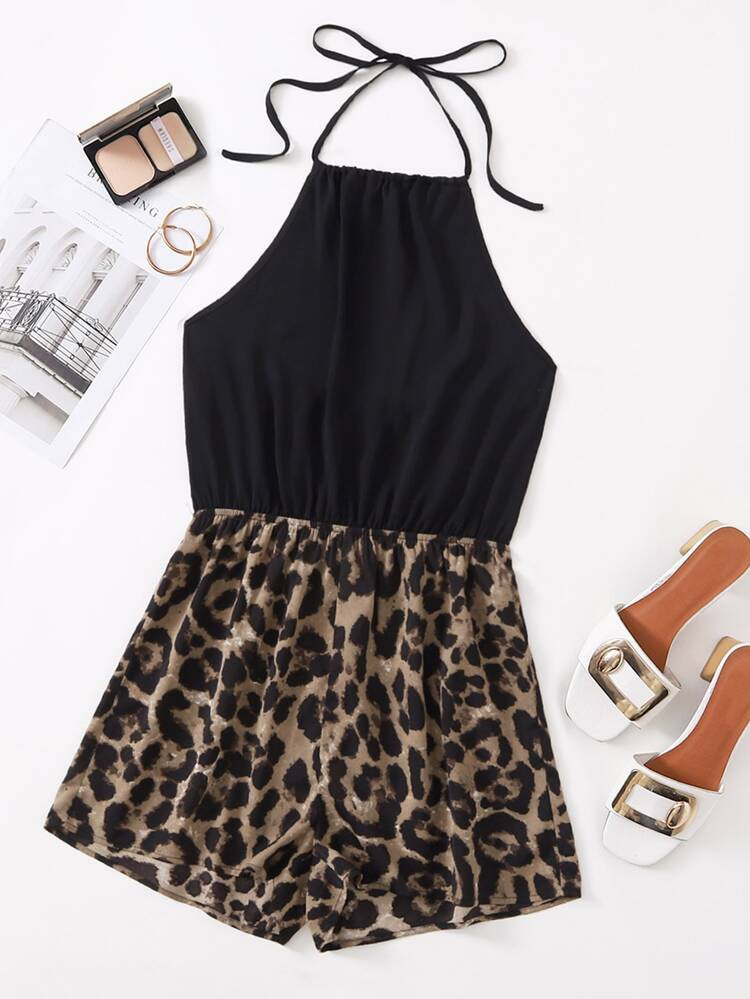 SHEIN Leopard Pattern Halter Neck Romper | SHEIN