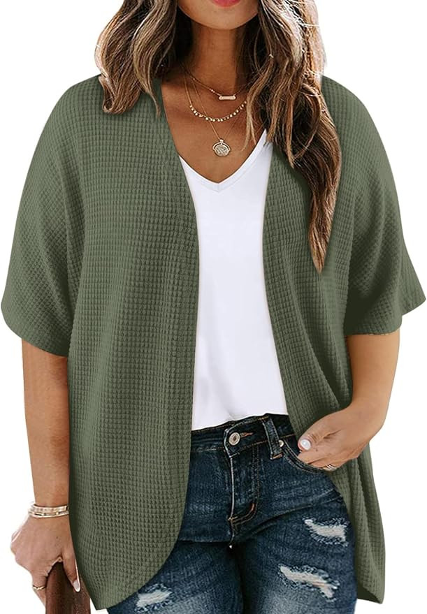 Eytino Womens Plus Size Cardigan Casual Short Sleeve Waffle Knit Kimono Open Front Tops(1X-5X) | Amazon (US)